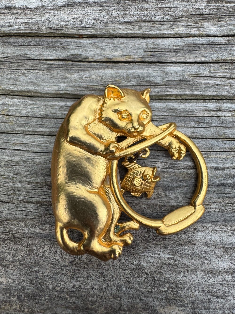 JJ Jonette Gold Cat and Fish Bowl Brooch - Gold Tone Women's Jewelry